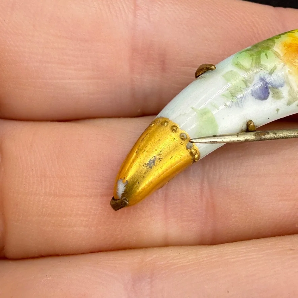 Vintage Victorian Hand Painted Porcelain Brooch Crescent Moon Yellow Rose Floral